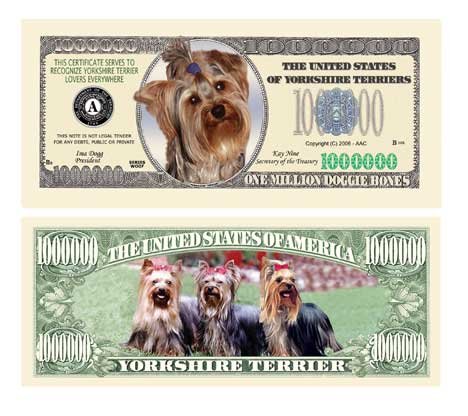 Set of 5 - Yorkshire Terrier Dog Million Dollar Bill