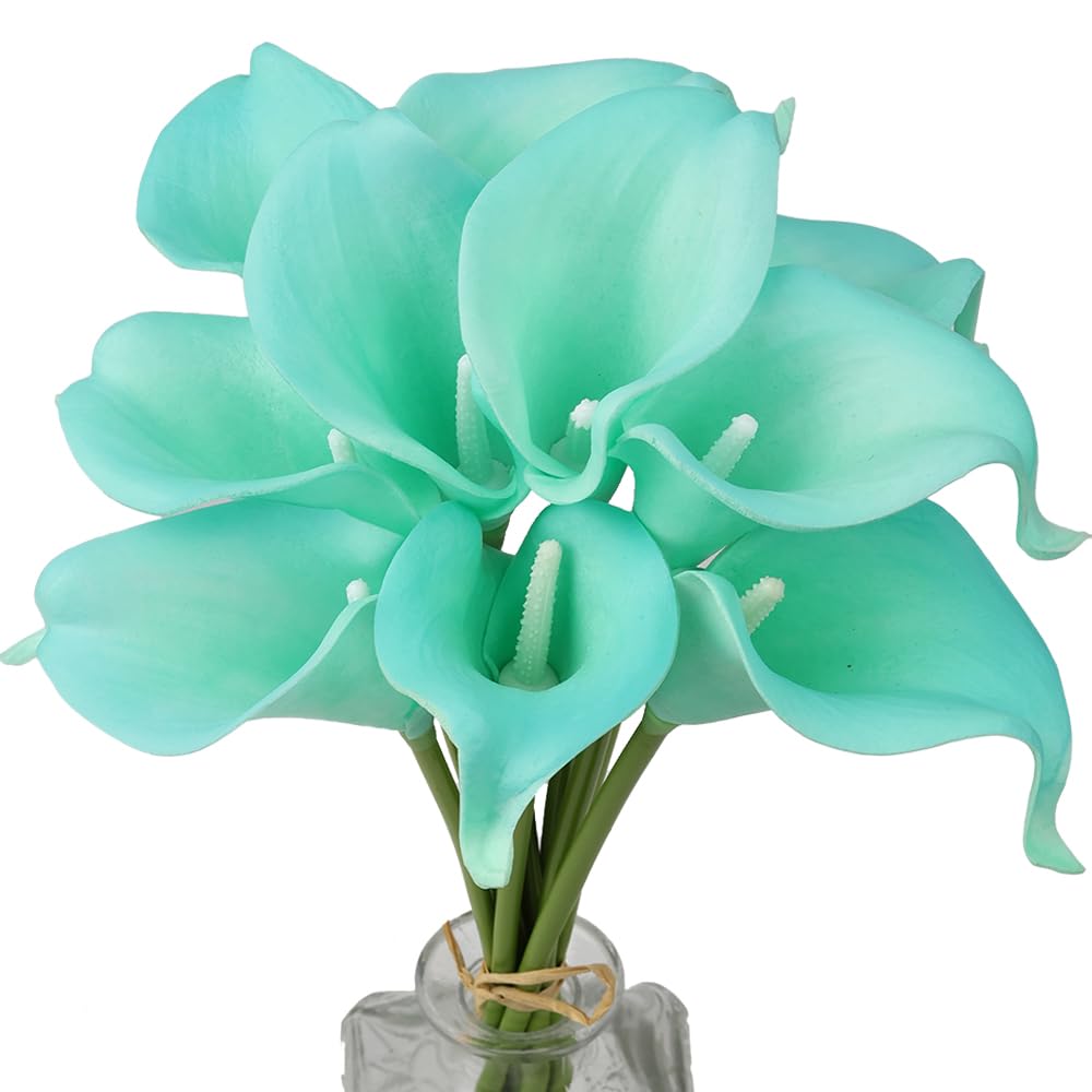 Mini Artificial Calla Lily 10 Stem Bridal Bouquets Artificial Latex Real Touch Flowers for Home Party Decor(Blue)