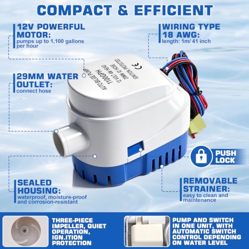KAOLALI Automatic Bilge Pump 12 V 1100GPH, 29 mm, Marine, Submersible | Electric Floating Switch for Boats, Boats, Ponds, Pools, Yachts