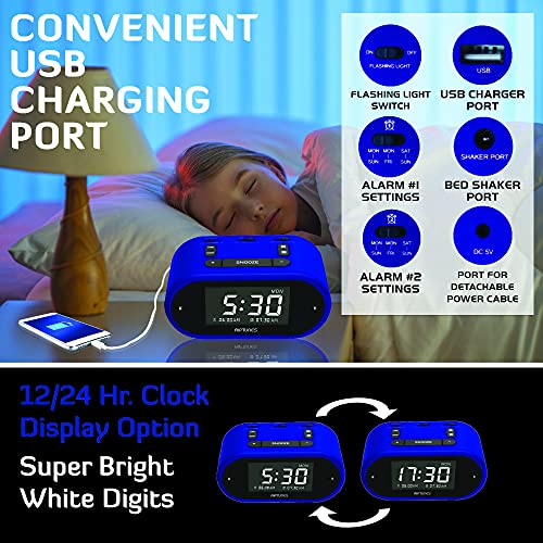 RIPTUNES Digital Loud Alarm Clock with Bed Shaker for Heavy Sleepers