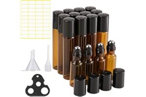 libfrnt 16 Pack Essential Oil Roller Bottles,Empty Rollerball Bottles Amber Glass Bottle with Funnels,Dropper,Stickers,Opener