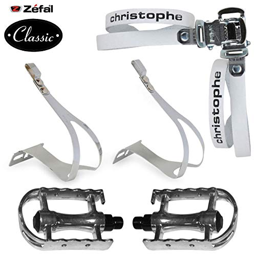 cyclingcolors White Set : ZEFAL Christophe Leather Toe Straps + Toe Clips + Chromed Pedals Bike Cycle Bicycle Vintage Retro Old SCHOOLD Fixie SINGLESPEED