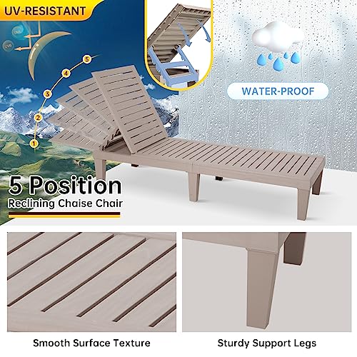 Nice C Lounge Chair, Pool Patio Lounge Chair, Outdoor Resin Sun Chaise Lounge, 5-Reclining Level Patio Composite Plastic Lounger, Waterproof Wood Texture Design, Up to 330 lbs (2 Pack)