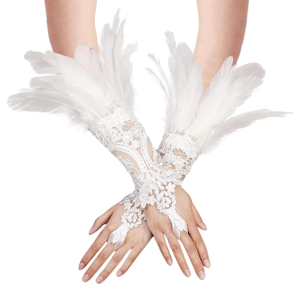 1Pair Lace Feather Fingerless Punk Gloves Halloween Black Gothic Corpse Bridal Gloves Long White Gloves for Ladies Girls Fancy Dress Evening Party Wedding Red Bridal Gloves Flowery Costume Accessory