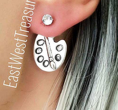 Silver Artist Paint painter brush and palette earring-Paint Brush Jewelry gifts for women teens-Steel