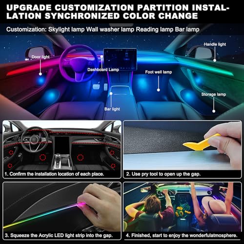 Acrylic Interior Lighting for Car, LED Strip, RGB 18 in 1 with 175 Inch 593 LEDs, Fiber Optic Strip Lights for Car, Dynamic Hunting Music, Sync, Neon Car Ambient Lighting Kits
