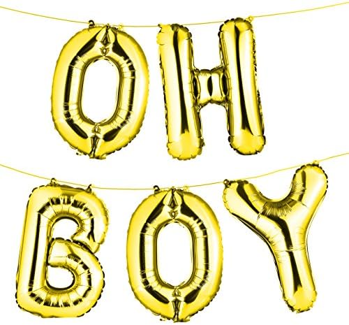 16” Gold “OH BOY” Foil Balloon Banner, Gender Reveal/Baby Shower/Photo Ornament/Party Decor