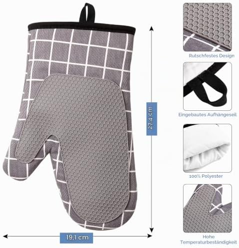 Ofenhandschuhe, Hitzebeständige Topfhandschuhe Silikon und Baumwolle, Silikon Anti-Rutsch Design, Geeignet für Kochen Backen Grillen(Grey) — Foto 2 von 6