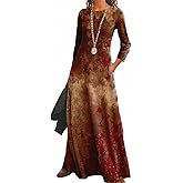 OSCORP Women’s Round Neck Long Sleeve Maxi Dress – Boho, Abstract, Paisley, Ombre, Watercolor Print, Loose Casual Daily Wear