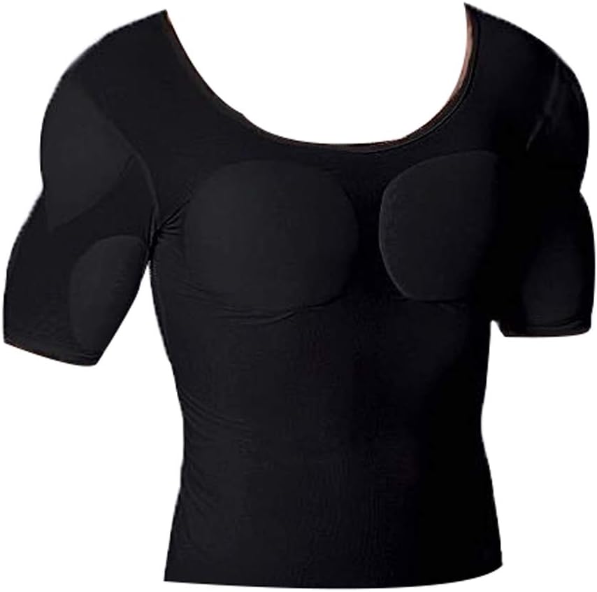 QQA Men Fake Chest Muscles Realistic Muscle T-Shirt Shoulder Pad Widened Body Shape Elastic Breathable F562,1,L