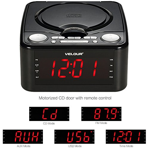 Velour CD Player Top Loading With FM Radio USB AuxIn Clock Alarm and 1
