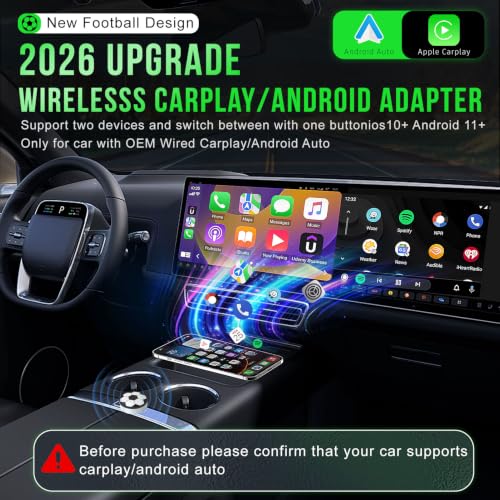 Carplay Inalambrico Android Auto Adaptador2 en 1, Alternar entre 2-Móvil | 2026 Nuevo Mini Plug & Play, Conexión Automática Rápida y Estable USB C/A para Coches con CarPlay con Cable