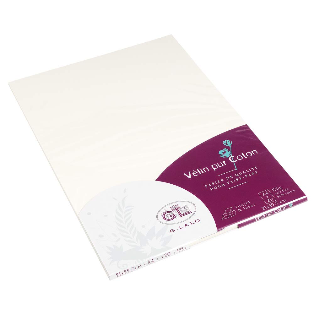 Lalo 48700L - Velin Pur Coton. Pack of 20 luxury sheets. Sizes: 21x29,7 cm 125g, Vellum pure cotton, Cream White A4. Lined. Paper Made in France. Correspondence