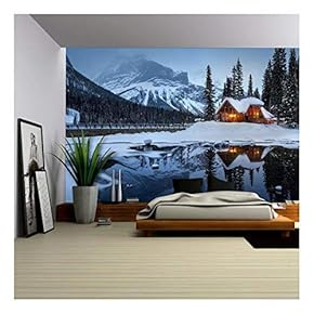 Winter Landscape with Cabin Hut at Night - Removable Wall Mural | Self-Adhesive Large Wallpaper - 66x96 inches