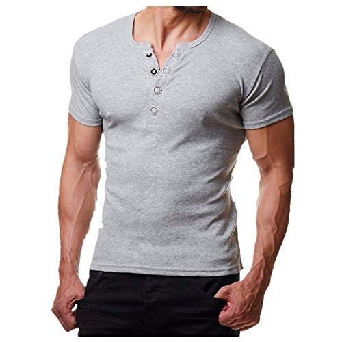 Realdo Mens Casual Henley Tee, Solid Slack Slim Short Sleeve T-Shirt Tops(Grey,Large)