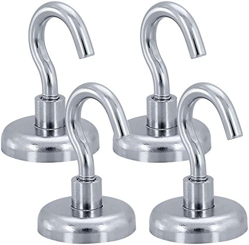 50LB Strong Magnetic Hooks Set of 4, maxin D25mm Strong Magnetic Clips with 50 Pounds Weight Capacity for Home Kitchen Accessories, Sports & Outdoors Equipment and Gardening Tools. (Sliver)