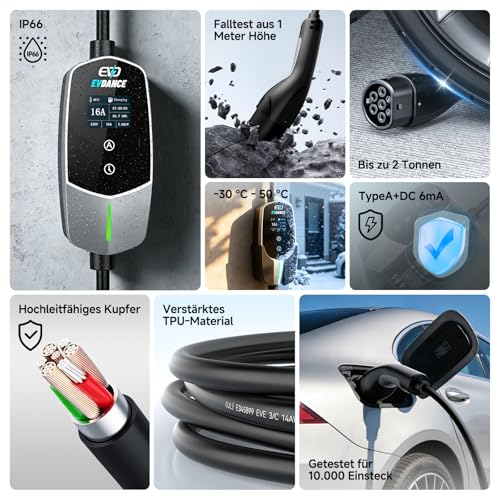 EVDANCE Mobile Wallbox/Charging Station 11 kW [3-Phase|7.8 m|6-16A] Type 2 Charging Cable CEE 16A to Type 2 with Adjustable Charging Power for Electric Car, Silver