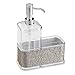 mDesign Decorative Plastic Kitchen Sink Countertop Liquid Hand Soap Dispenser Pump Bottle Caddy with Storage Compartment - Holds and Stores Sponges, Scrubbers and Brushes - Clear/Metallic Gray