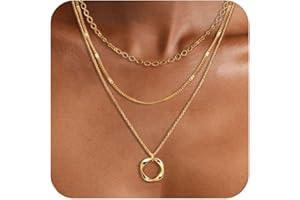 Bvuem Layered Choker Necklaces, 14k Gold Plated/Sterling Silver Stackable Circle Pendant Chain Necklace Set