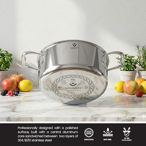 VOGATI CASSEROLE 22CM TRY-PLY STAINLESS STEEL (4 LITRES) WITH GLASS LID -WELDED HANDLE-INDUCTION COMPATIBLE COVERED STOCKPOT-SOUP POTS- (100% PFOA FREE) (4 Litres)
