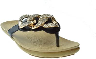 Amazon.com | Forever Calista 23 Womens Rhinestone Comfort Thong Sandals Black 9 | Flip-Flops