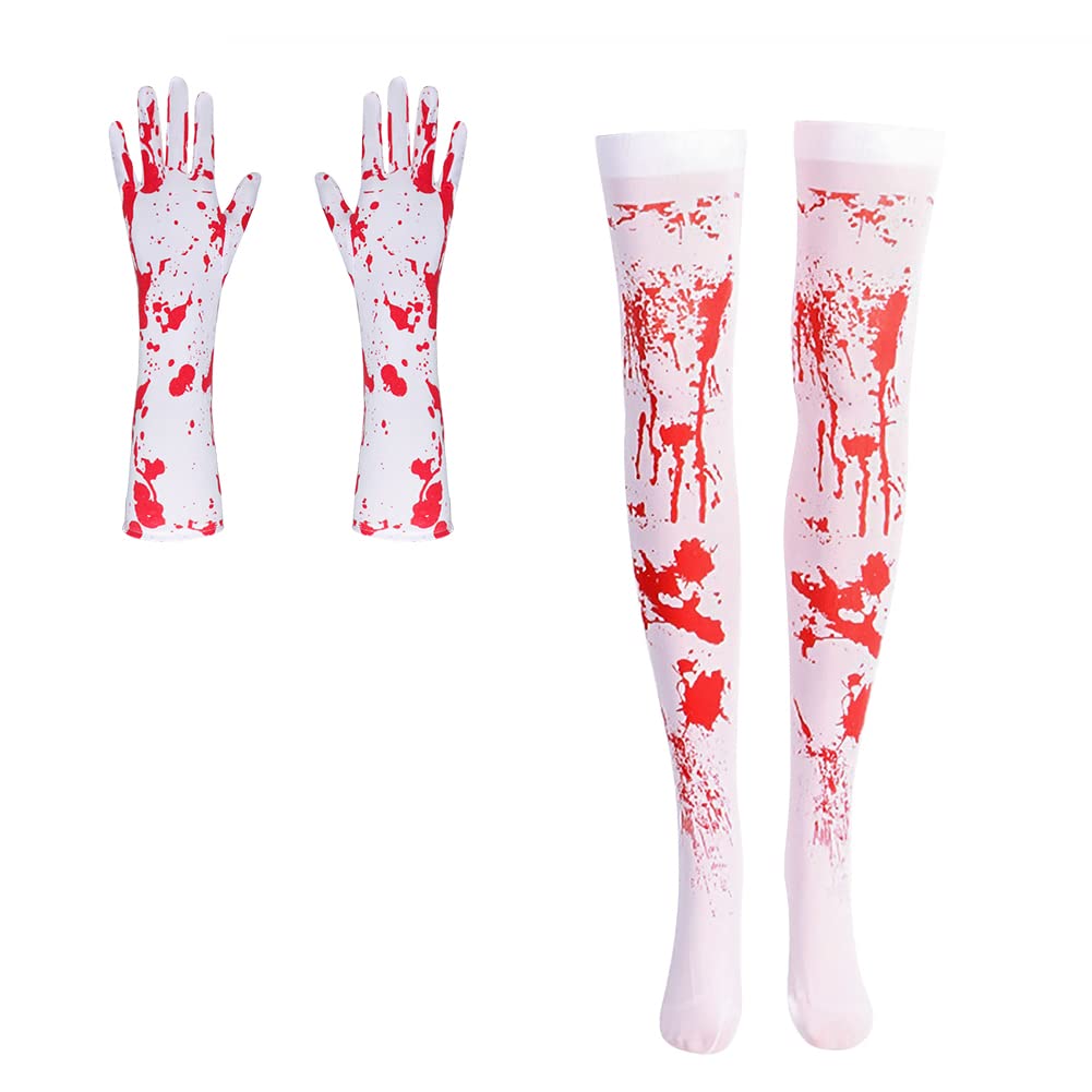 ITODA Halloween Bloody Stocking Gloves Set Skeleton Skull Stockings Horrible Bloody Stocking Scary Party Cosplay Stockings Gloves Women Girls Over Knee Stocking Gloves for Nurse Dead Zombie Bride