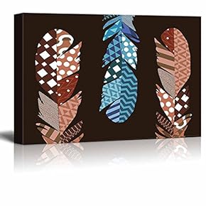 Blue Zentangle Feather with Warm Toned Zentangle Feathers on a Rich Brown Colored Background - Canvas Art Home Art - 12x18 inches