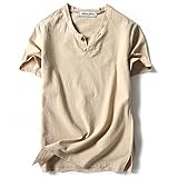 LOCALMODE Men Linen and Cotton V Neck Short Sleeve T Shirts Casual Tee Beige S