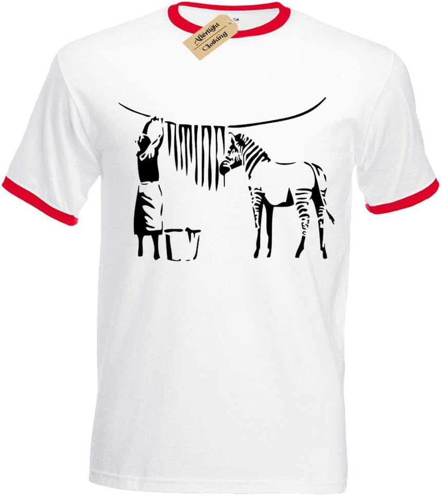 ZEBRA BANKSY MENS T-SHIRT RINGER STREET ART URBAN RETRO FUNNY DESIGN COOL