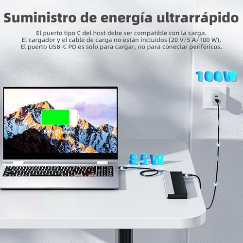 Estación de Acoplamiento USB-C para 3 monitores, con HDMI, DP, VGA, 100 W PD, USB3.0 & 2.0, RJ45, SD/TF-Slots, Audio/Micrófono, para Lenovo/HP/DELL, etc. - Gris