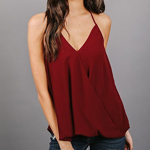 Vest Top Summer,Womens Sexy Halter Strap Blouse Off Shoulder Camisole Sleeveless Hem Pleated T-Shirt Tunics Tees Wine - Thumbnail 4