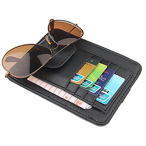 Car Sun Visor Sunshade Interior PU Leather Storage Case Sunglasses Holder Organizer Sleeve Wallet Clips Mount (Black Color)