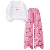 FJLSJSW Girls Clothes 2 Piece Outfit Long Sleeve Top + Bow Cargo Pants Girls Fall and Winter Outfits, Sizes 7-16 Years