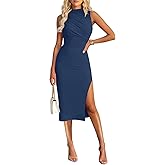 ihot Women's Mock Neck Ruched Bodycon Dress Sleeveless Side Slit Cocktail Party Midi Dresses