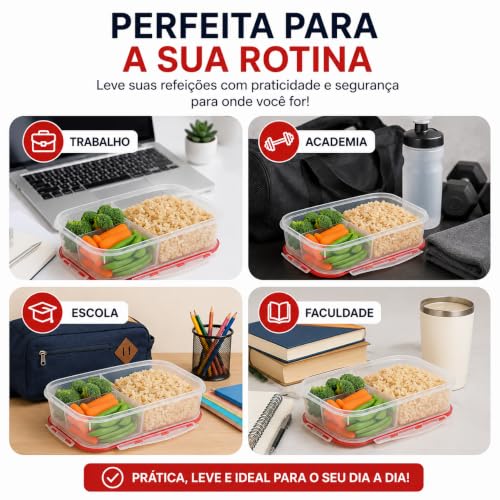 Potes Marmita Hermetica Com Divisorias Fitness 1l Com Travas Freezer Microondas Plastico Resistente Marmitas