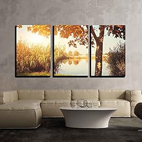 3 Piece Canvas Wall Art - Autumn Lake - Modern Home Art Stretched and Framed Ready to Hang - 16"x24"x3 Panels