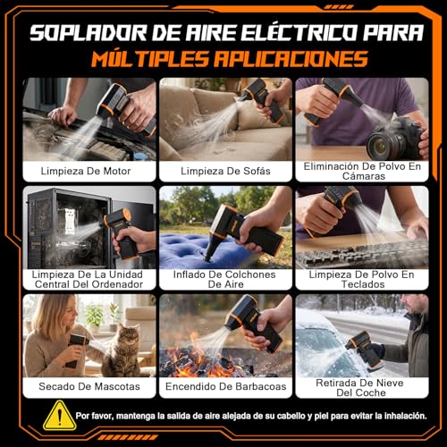 Nasjac Soplador de Aire Inalambrico de 140000RPM(8000mAh), 17 en 1 Plumero de Aire Comprimido Eléctrico, para limpiador Teclado y PC, Teclado, Auto y Asador | 8000mAh, 140000RPM, El motor admite ajuste continuo de velocidad