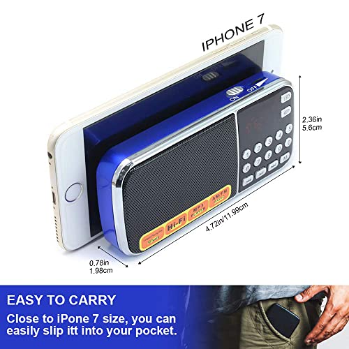 AM FM Portable Pocket Radio Battery Operated - with Best Reception Blue AM FM Compact USB Rechargeable Radios Music Player Support Micro SD/TF Card Slot