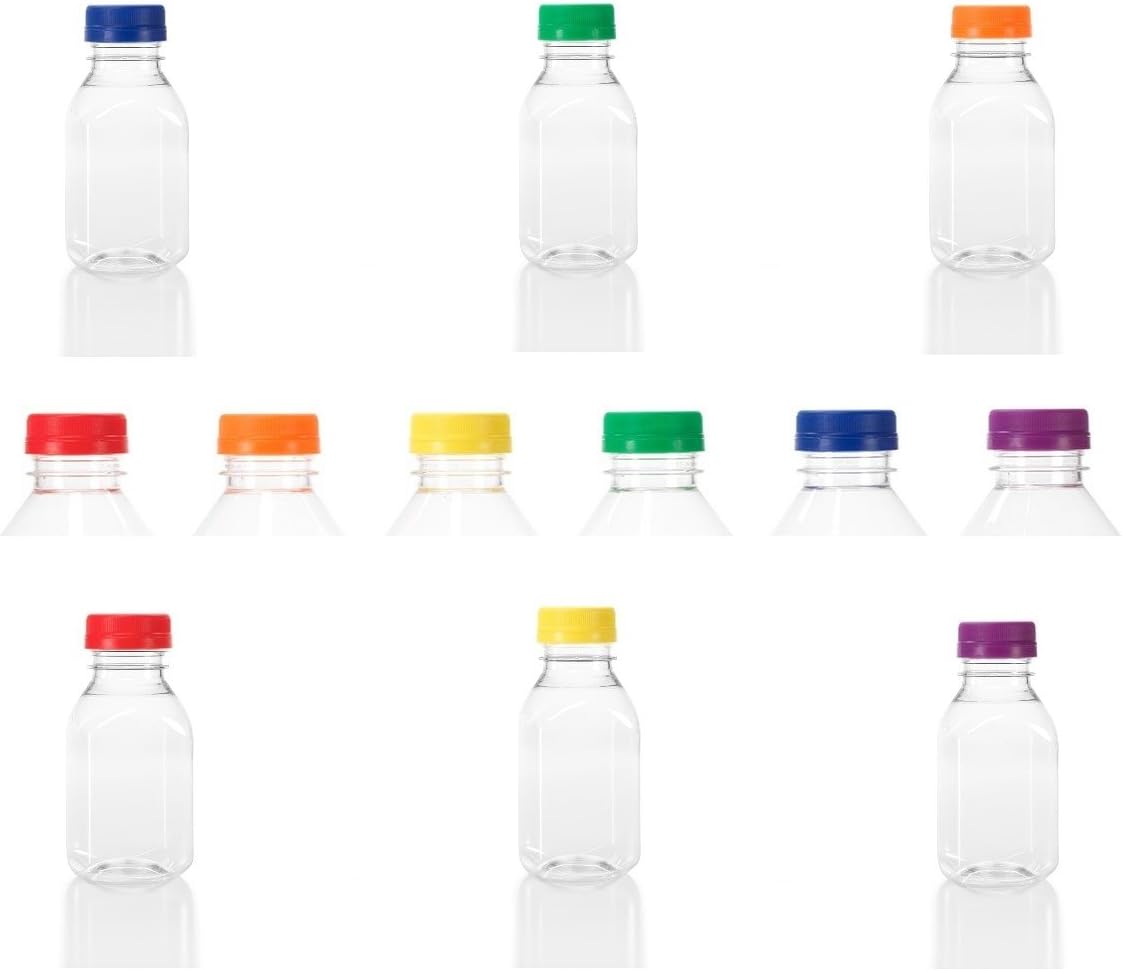 (6) 8 oz. Clear Food Grade Square Plastic Juice Bottles with 6 Different Colored Tamper Evident Caps 6/Pack