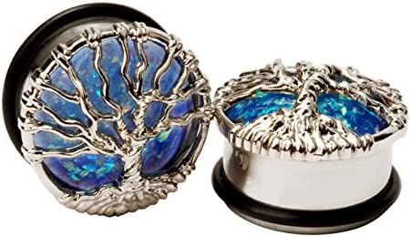 Yodeyhoo Pair Stainless Steel Opal Tree Single Flare with O-Ring Plugs Ear Stretcher Piercing Jewelry Gauge 7/8"(22mm)
