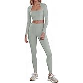 Fisoew Two Piece Workout Sets For Women High Waisted Scolloped Leggings with Crop Tops Gym Yoga Active Wear Outfits