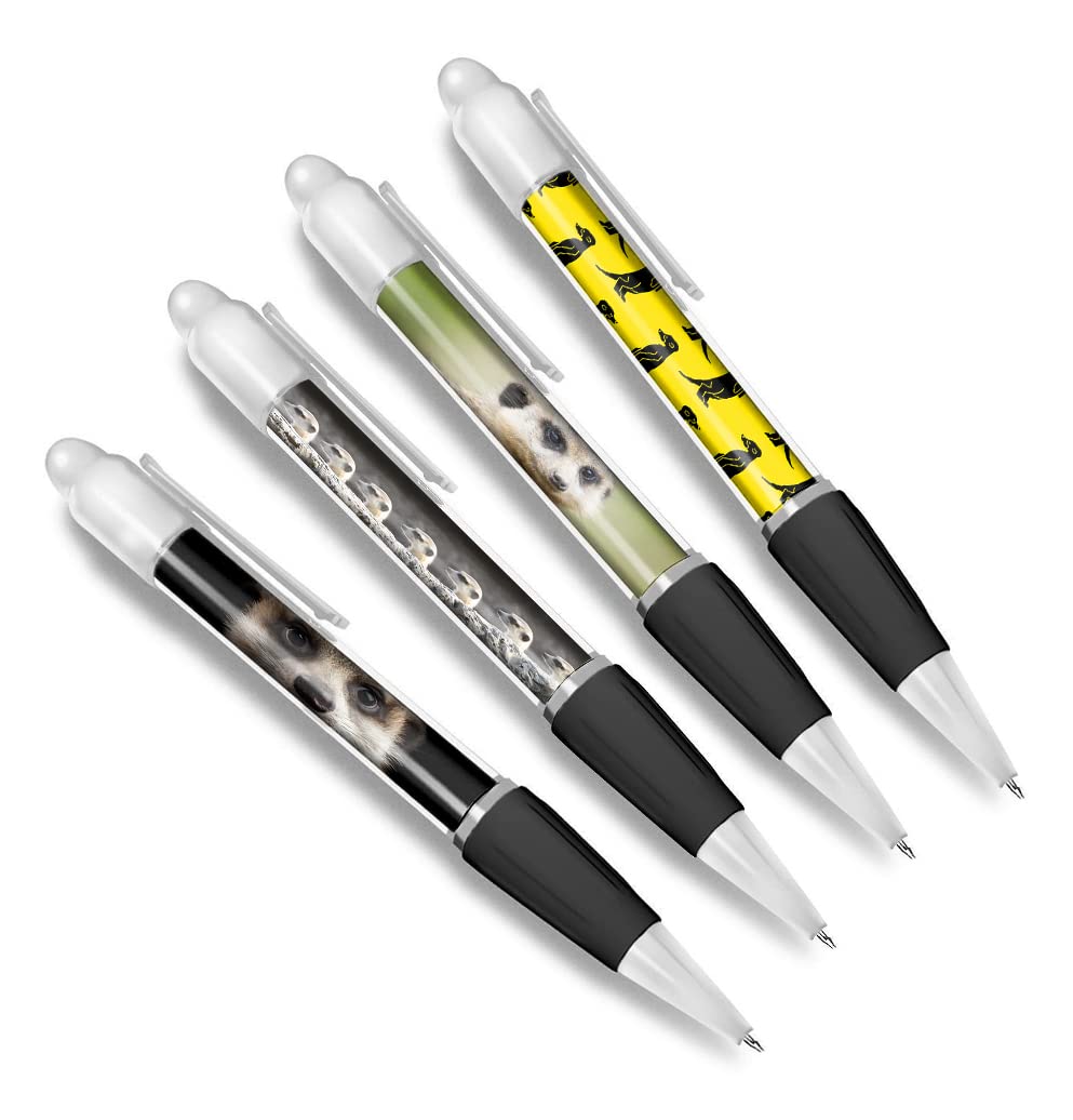 DV DESIGN Set of 4 Meerkat White Ballpoint Pens - Animal Pattern Zoo Safari Themed Boys Girls Men Women Stationery Pen #79604