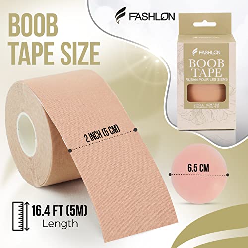 FASHLON Boob Tape (2-Roll, Safe for Sensitive Skin, Fits A-DD Cups), Boobtape for Large Breasts, Breast Tape Lift, Premium Breast Lift Tape, Body Tape for Breast, Boobytape for Breast Lift Beige
