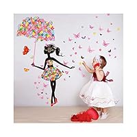 Alrens 57 x 67 Inch Flower Umbrella Butterfly Girl Wall Sticker Removable Vinyl DIY Art Mural Decals Decor for Living Room/Bedroom/Playroom/Hallway/Kindergarten/Home School