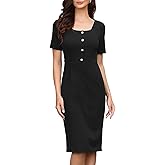 Allegra K Elegant Dresses for Women's Short Sleeve Square Neck Button Business Work Sheath Dress