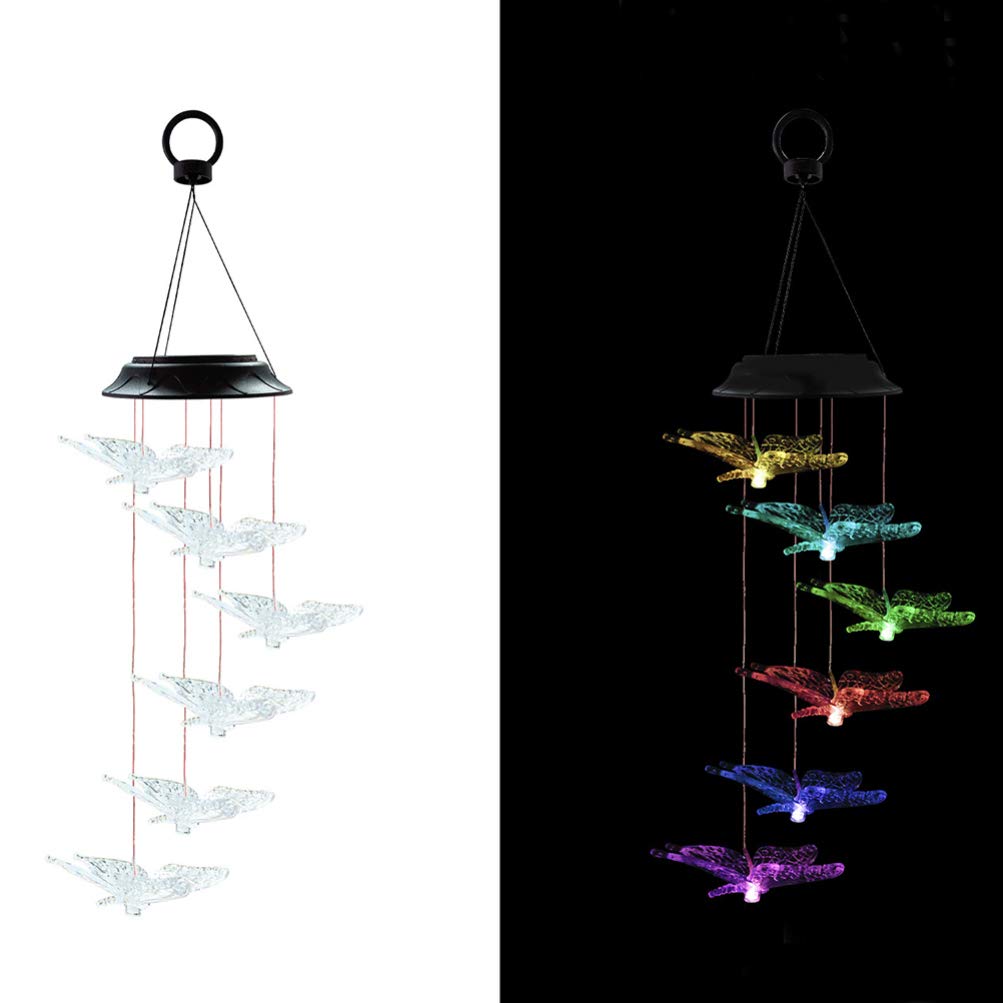 Mobestech Solar Wind Chime, Color Changing LED Butterfly Hanging Light Waterproof Mobile Solar Wind Chime for Lawn Garden Yard Decoration (Transparent Butterfly)