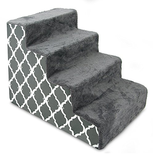 USA Made Pet Steps/Stairs with CertiPUR-US Certified Foam for Dogs & Cats by Best Pet Supplies - Gray Lattice Print, 4-Step (H: 18")