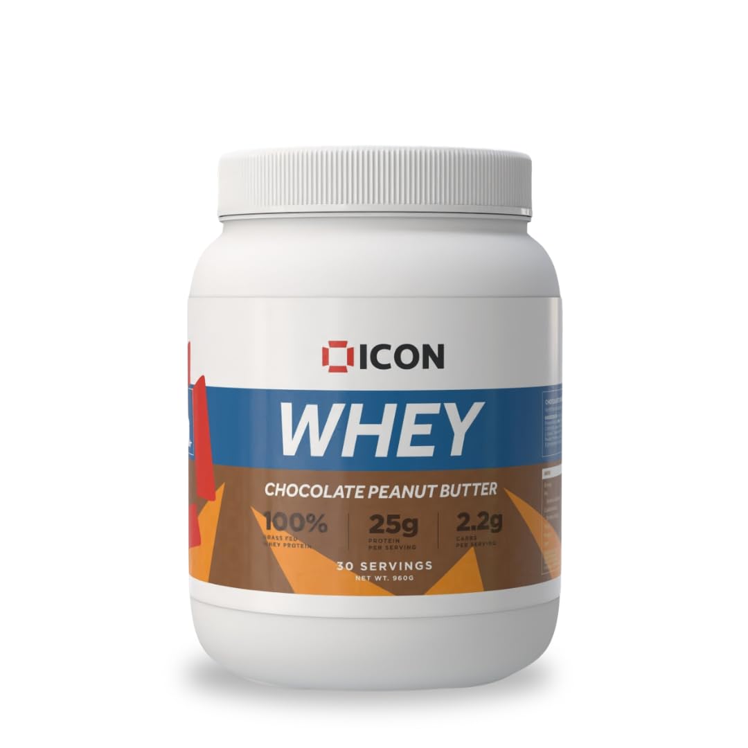 ICON Nutrition Whey Protein Powder — Chocolate Peanut — High Protein, Grass Fed, Low Carbs & Fat, Complete Amino Acid Profile, Cold Shakes or Mix with Foods — 960g, 30 Servings