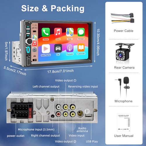 1 DIN Car Radio with Wireless Screen CarPlay and Android Car, 7 Inch Bluetooth Car Stereo Touchscreen, GPS Navigation, Mirror Link, FM, Rear Camera, Voice Controls, Type-C
