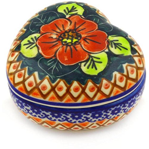 Ceramika Bona H2095G Polish Pottery Ceramic Heart Shaped Jar Hand Painted, 4-Inch